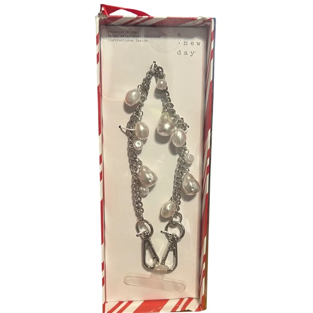 A New Day‎ Silver Tone Chain Faux Pearl Wristlet Strap Phone Attachment Included